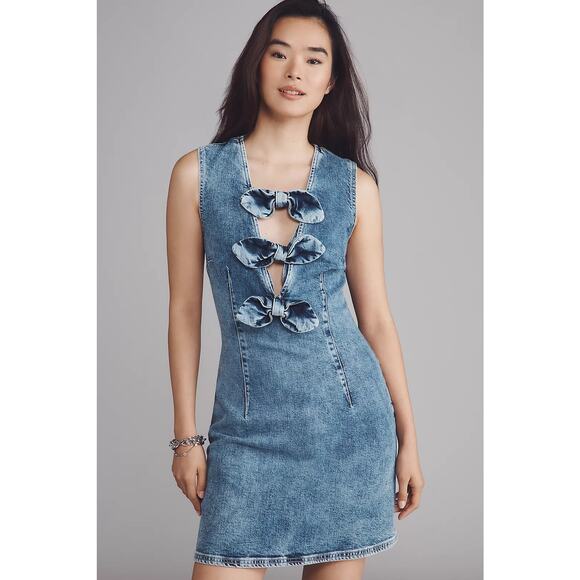 NWT ANTHROPOLOGIE Baum und Pferdgarten Ajki Bow Denim Mini Dress $249 SIZE 8 - Picture 4 of 9